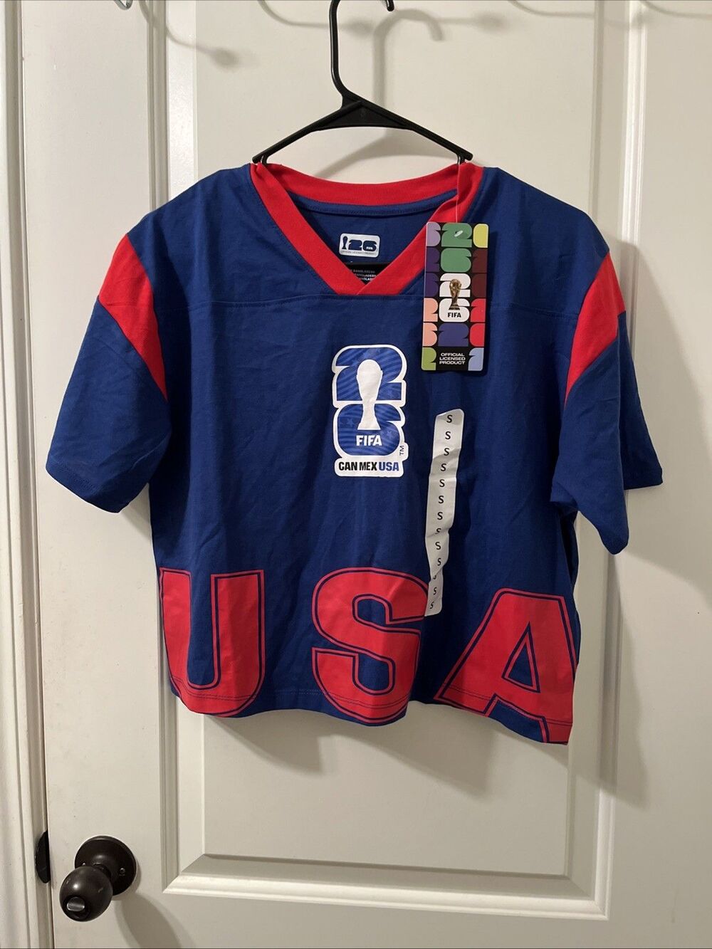 FIFA 26 World Cup Soccer Women's Crop Top T-Shirt Blue Red USA